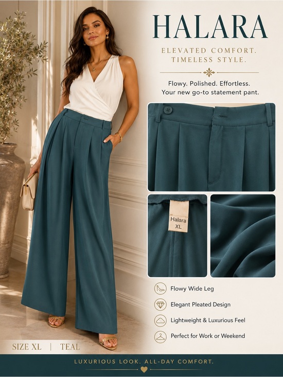 HALARA Pants - HALARA Teal Wide-Leg Pleated Pants